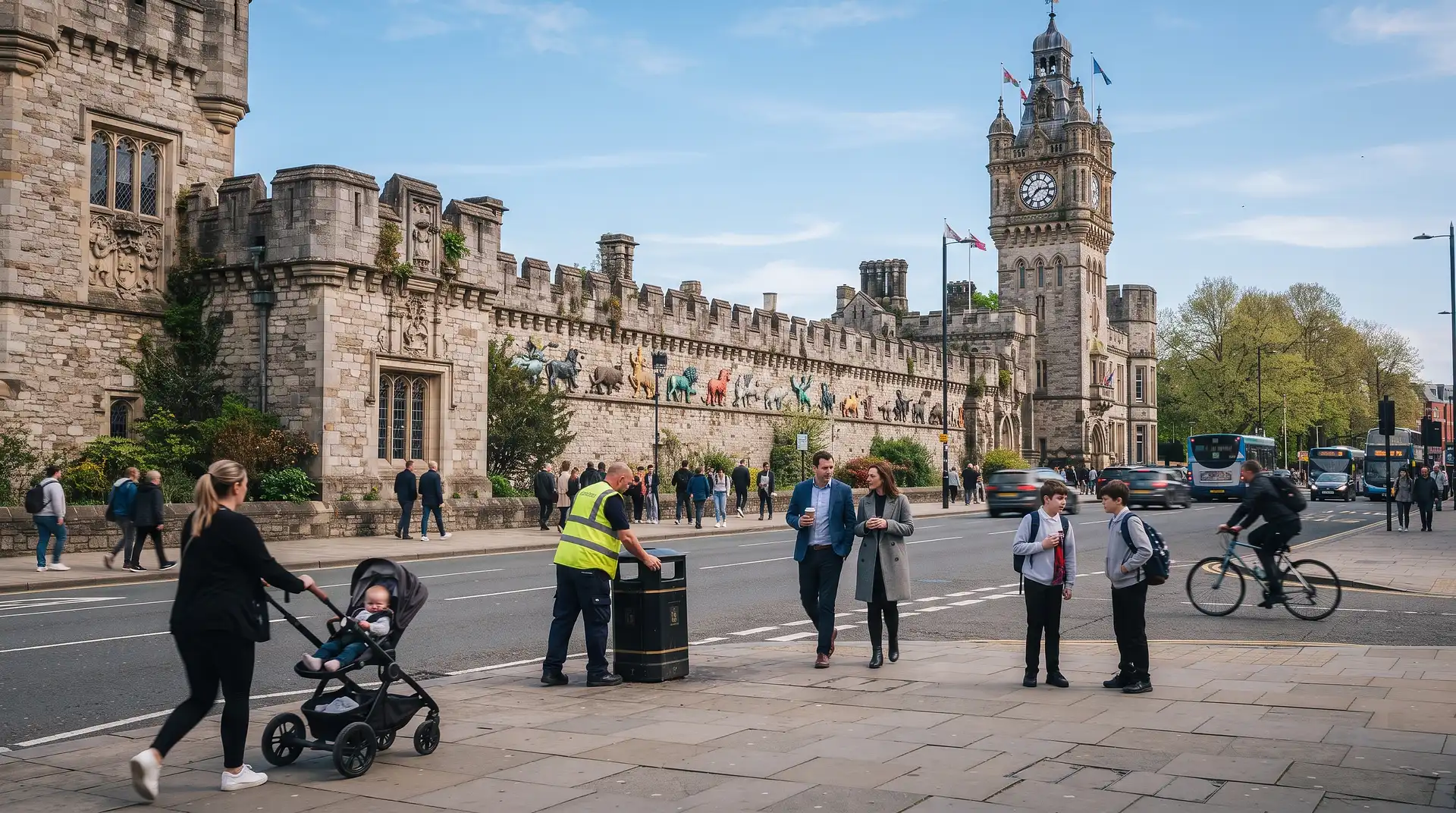 Office workers, a council worker and locals on Castle Street in front of Cardiff Castle and its clock tower